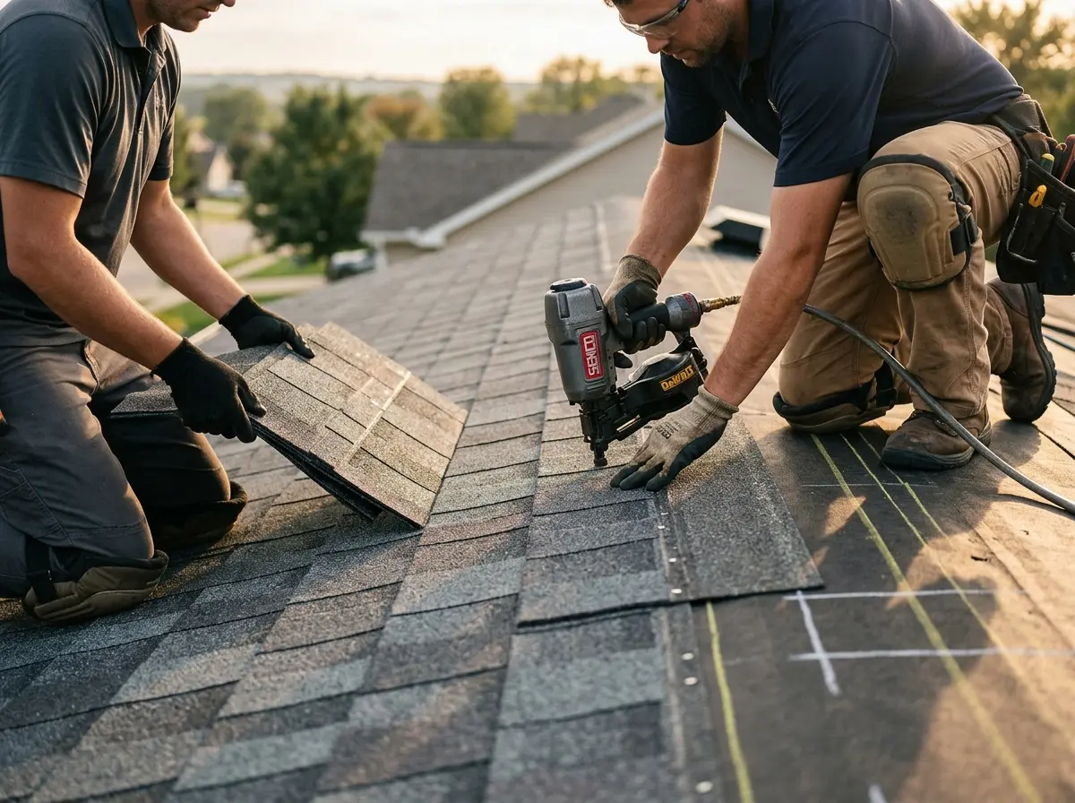 Professional roofer working on a residential roof in Notre Dame